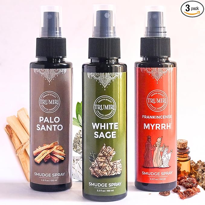 Set of 3 Smudge Sprays White Sage|Palo Santo|Frankincense Myrrh for Spiritual Cleansing of Negative Energy and Protection - Natural Room Sprays and Body Mists Made with Non Toxic Essential Oils