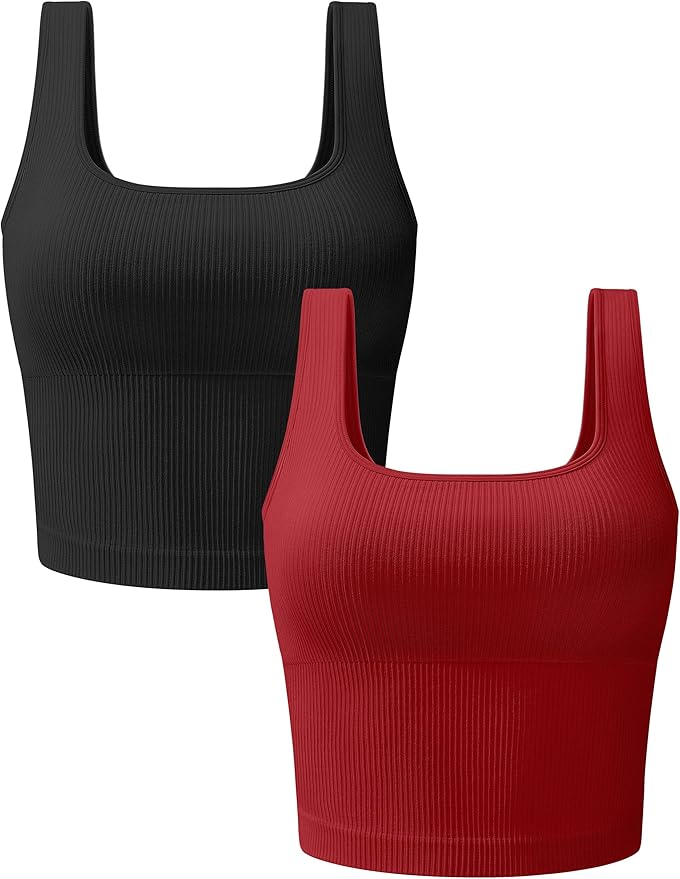 OLCHEE Womens 3 Pack Crop Tank Tops Basic Seamless Ribbed Sleeveless Square Neck Workout Top Summer Exercise Yoga Gym Shirts