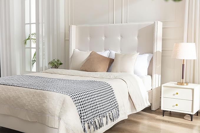 Upholstered Bed Frame, 54" Tall Headboard Wingback Upholstered Platform Bed Frame for Kids Teens Adults Bedroom Strong Wood Slats Support/No Box Spring Needed (Ivory Velvet, King)