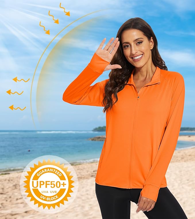 MAGCOMSEN Women's UPF 50+ Lightweight Athletic Jacket Sun Protection Full Zip Long Sleeve Shirts Hiking Outdoor Pockets