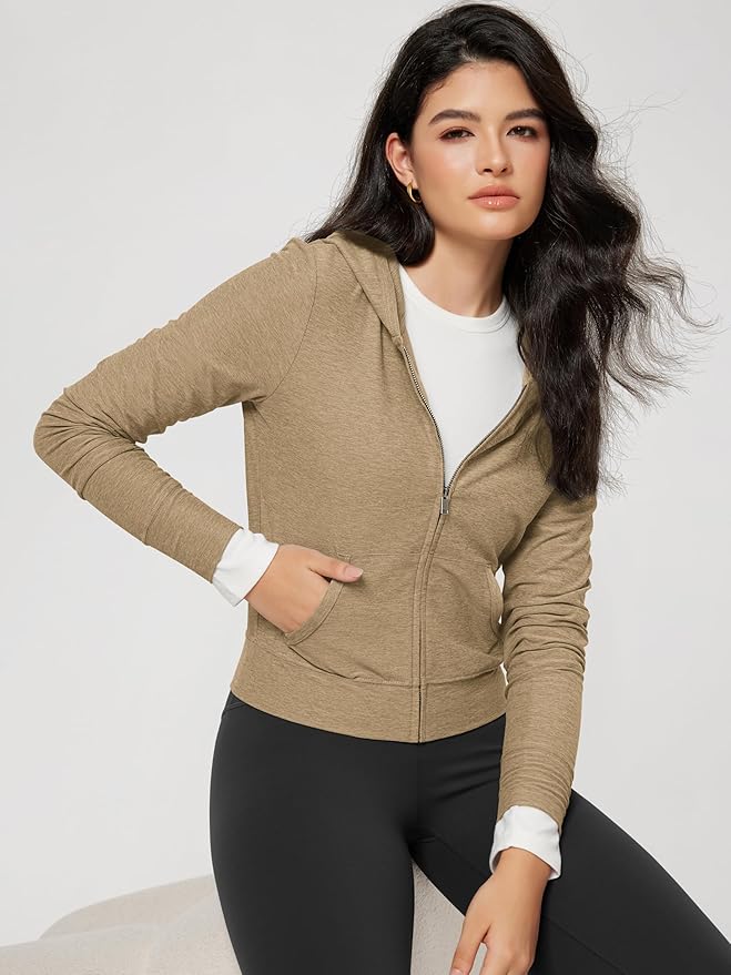 ODODOS Women's Full-Zip Cropped Hoodie - odSTRATUM Tech Ultra Soft UPF 50+ Hooded Jacket with Pockets