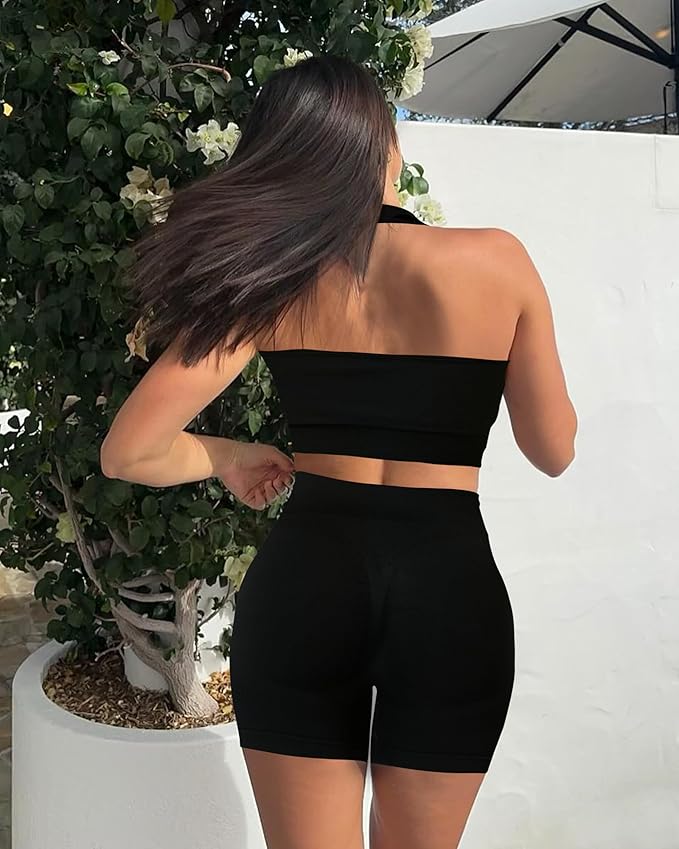 OLCHEE Workout Sets for Women 2 Piece Backless Halter Sports Bra High Waist Booty Shorts Yoga Gym Outfits Lounge Activewear