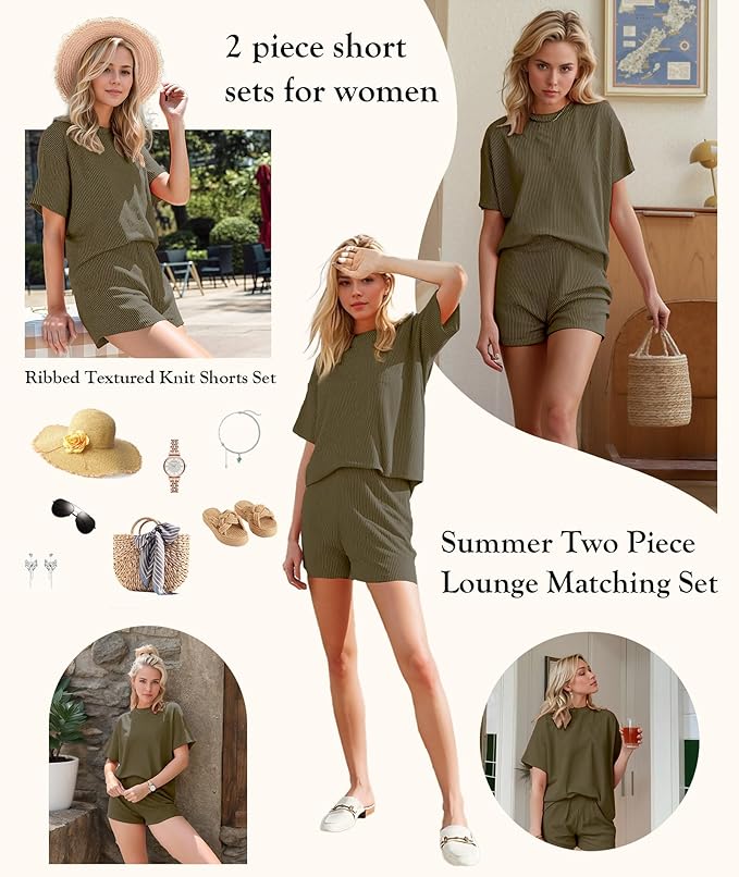 MARZXIN Women 2 Piece Shorts Set 2026 Casual Summer Cruise Outfits Ribbed Loose Short Sleeve Pocket Matching Lounge Sets