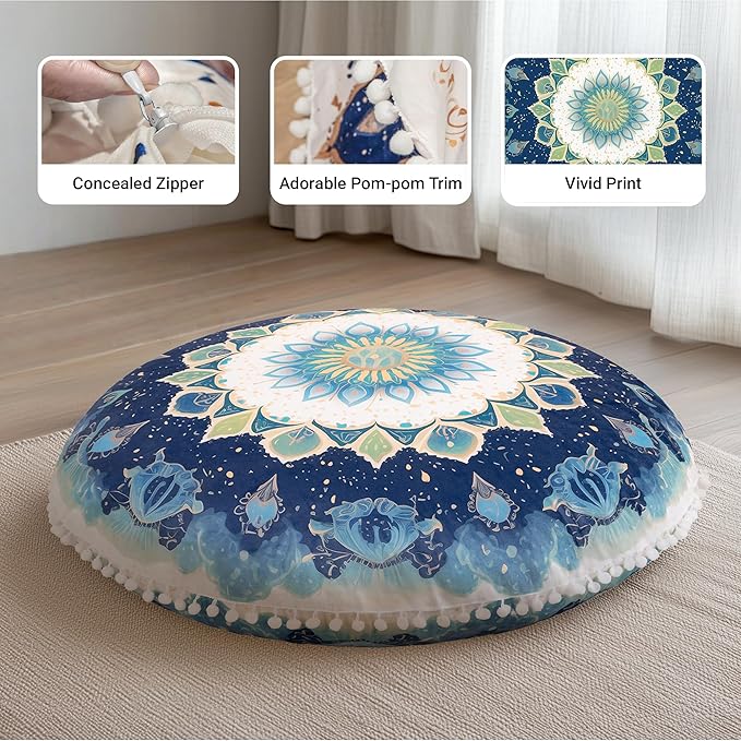 Meditation Cushion Set of 2, 32 Inch Extra Thick Memory Foam Round Floor Pillow with Removable Washable Cover, Bohemian Mandala Yoga Cushion for Adults - Ideal Holiday Decor, Green
