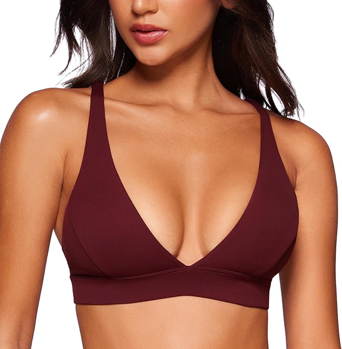 CRZ YOGA Butterluxe Deep V-Neck Sports Bras for Women - Spaghetti Strap Criss Cross Padded Top Low Coverage Wireless Yoga