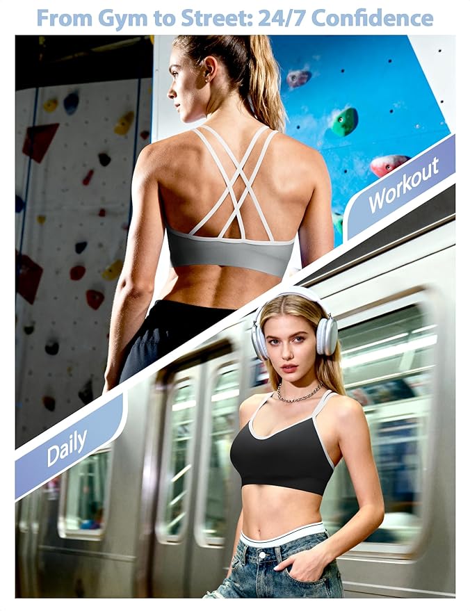 VEQKING Women's Cross Back Sports Bra Padded Strappy Medium Support Yoga Bra for Workout Fitness 3 Pack