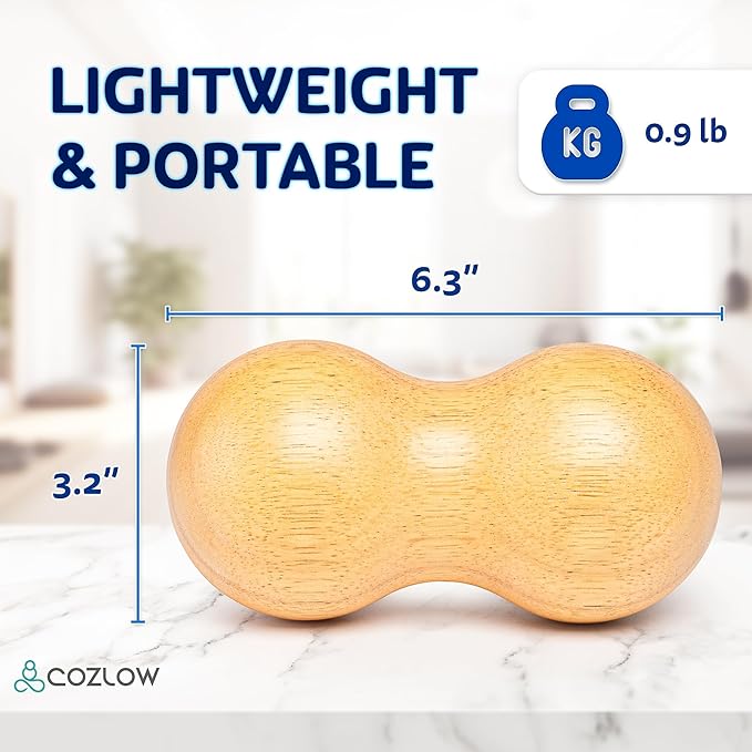 COZLOW Peanut Ball Massage Roller - Wood Therapy Massager - Double Lacrosse Ball Shaped Tool for Neck, Back, Spine, Feet Muscle Pain Relief - Wooden Mobility Device for Deep Tissue Recovery