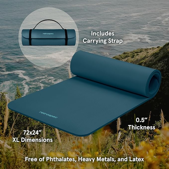 Retrospec Solana Yoga Mat Thick 1/2in Non-Slip Workout Mat with Nylon Strap - 72x24in Exercise Mat for Pilates, Stretching & Fitness - BPA Free, Easy Clean