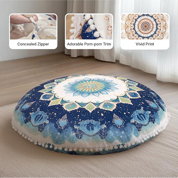 Meditation Cushion 32 Inch Round, Extra Thick Memory Foam Floor Pillow with Removable Washable Cover, Bohemian Mandala Yoga Cushion for Adults - Ideal Gift & Holiday Decor, Green