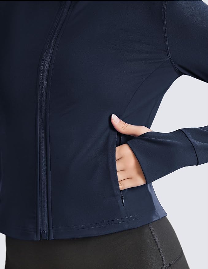 PINSPARK Women Cropped Workout Jackets Full Zip Slim Fit Athletic Jackets Thumb Holes Running Jacket with Zipper Pockets