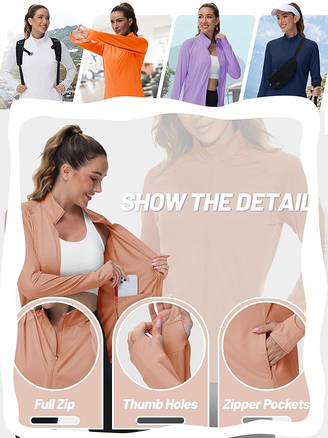 TACVASEN Women's Athletic Jackets Lightweight UV Protection Shirts Full Zip Workout Jacket UPF 50+ Long Sleeve Sun Shirt