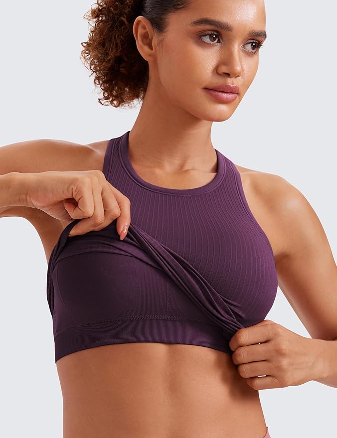 CRZ YOGA Seamless Ribbed High Neck Crop Tank Tops for Women - Longline Racerback Padded Sports Bras