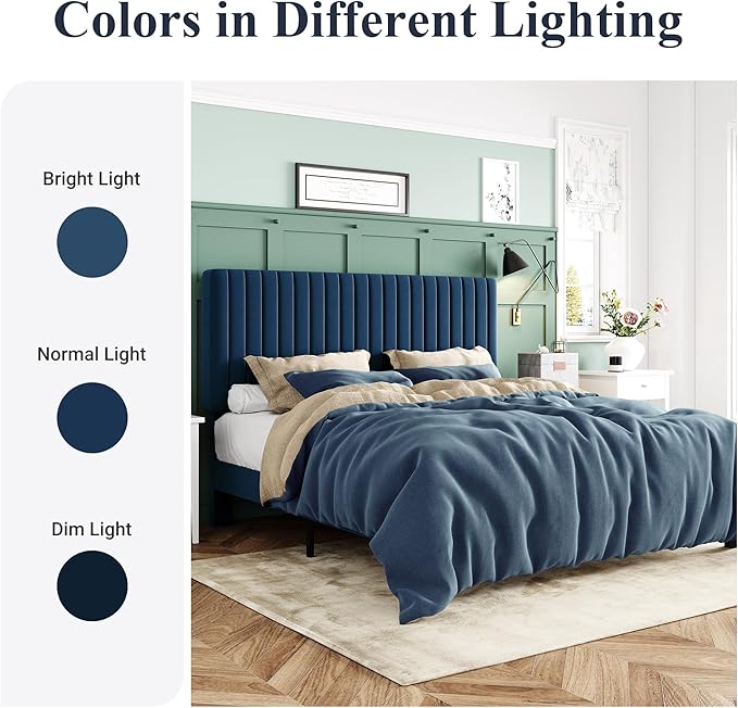 Allewie Full Bed Frame, Velvet Upholstered Platform Bed with Adjustable Vertical Channel Tufted Headboard, Mattress Foundation with Strong Wooden Slats, Box Spring Optional, Easy Assembly, Navy Blue
