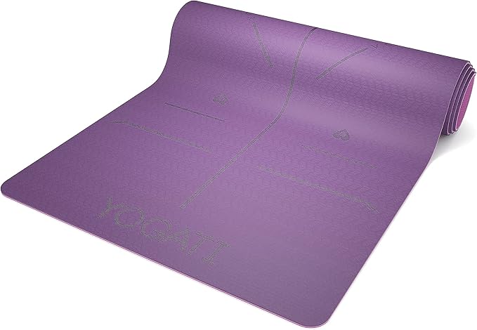 YOGATI® Yoga Mat with Strap with Alignment Lines. Home Workout Mat for Women, Men and Kids. Thick Non Slip Yoga Mat for Pilates and Fitness. Brown, Pink and Purple Yoga Mats