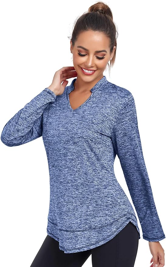 Absttith Women's Long Sleeve Workout Shirts Running Yoga Tops Athletic V Neck Sport Tee Side Split