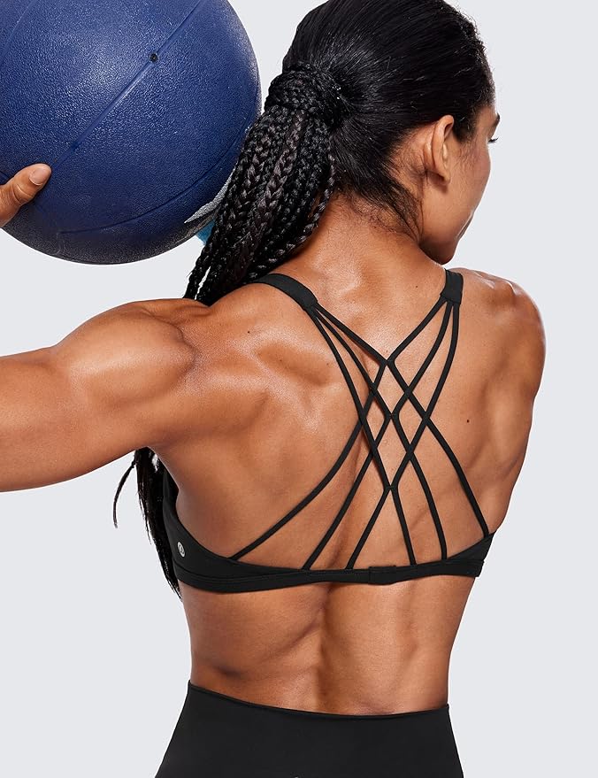 CRZ YOGA Womens Naked Feeling Criss Cross Sports Bra - Strappy Back Padded Medium Support Wireless Gym Cami Workout Yoga