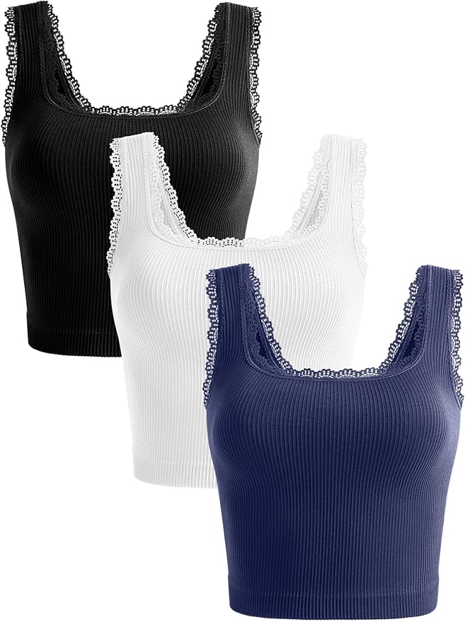OLCHEE Womens 3 Pack Crop Tank Tops Basic Seamless Ribbed Sleeveless Square Neck Workout Top Summer Exercise Yoga Gym Shirts