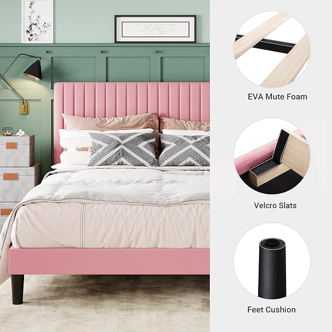 Allewie King Bed Frame, Velvet Upholstered Platform Bed with Adjustable Vertical Channel Tufted Headboard, Mattress Foundation with Strong Wooden Slats, Box Spring Optional, Easy Assembly, Pink