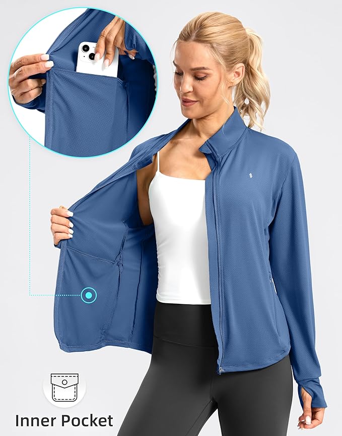 Soothfeel Women's UPF 50+ Lightweight Athletic Jackets Sun Protection Zip Up Long Sleeve Shirts Hiking Workout Outdoor Pocket