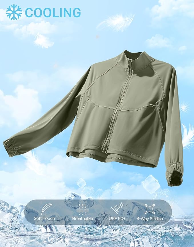 Soothfeel Women's Athletic workout Jacket Lightweight UPF 50+ Long Sleeve Sun Protection Shirts Zip Up Cropped Hiking Tops