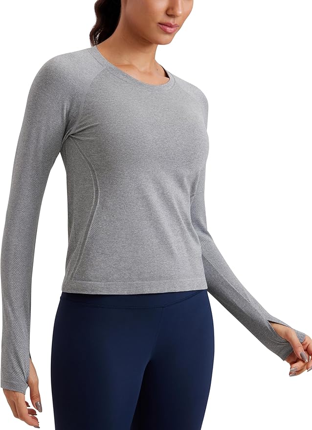 CRZ YOGA Seamless Long Sleeve Shirts for Women Waist Length - Workout Athletic Running Gym Yoga Tops Crewneck Breathable