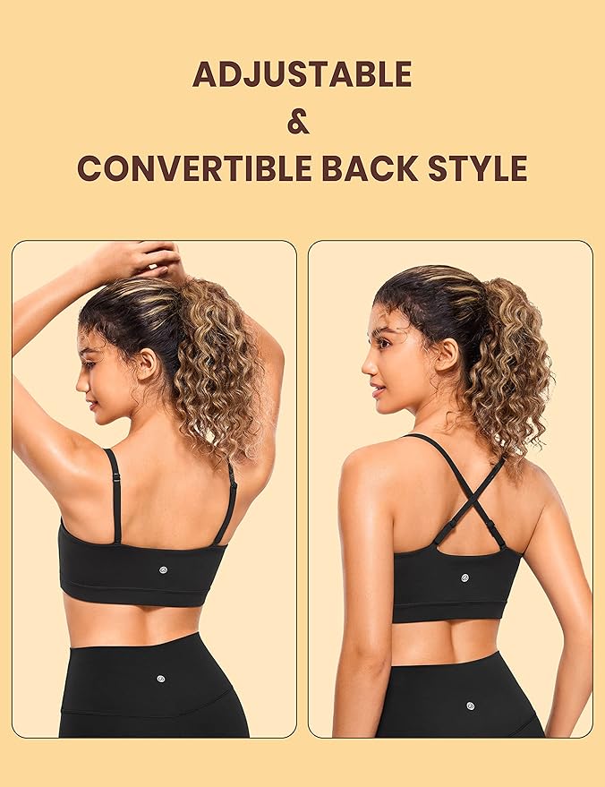CRZ YOGA Butterluxe Womens Adjustable Spaghetti Thin Strap Sports Bra - Padded Wireless Square Neck Workout Yoga Clothes