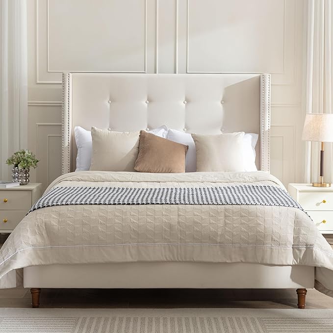 Upholstered Bed Frame, 54" Tall Headboard Wingback Upholstered Platform Bed Frame for Kids Teens Adults Bedroom Strong Wood Slats Support/No Box Spring Needed (Ivory Velvet, King)
