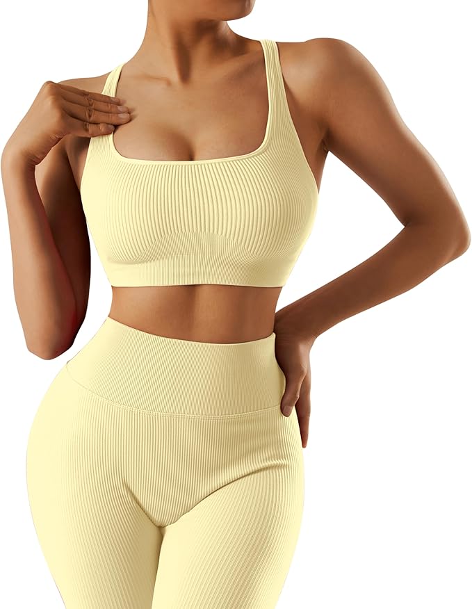RXRXCOCO Ribbed Workout Sets for Women 2 Piece Backless Strappy Sports Bra Seamless Leggings Matching Set Yoga Outfits