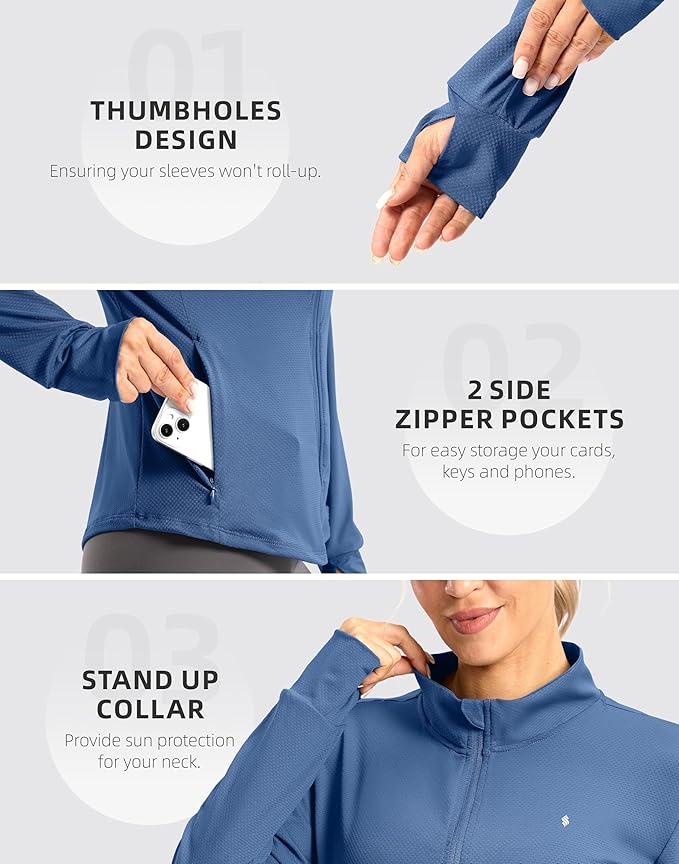 Soothfeel Women's UPF 50+ Lightweight Athletic Jackets Sun Protection Zip Up Long Sleeve Shirts Hiking Workout Outdoor Pocket