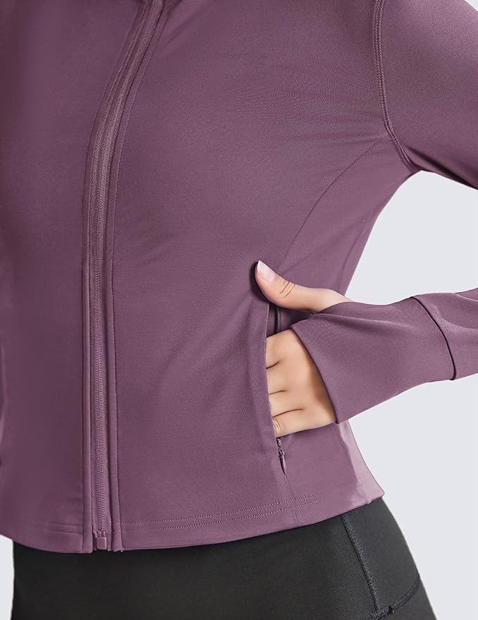 PINSPARK Women Cropped Workout Jackets Full Zip Slim Fit Athletic Jackets Thumb Holes Running Jacket with Zipper Pockets