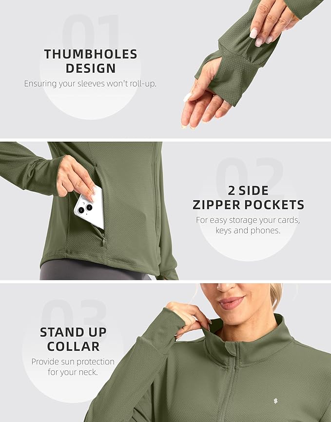 Soothfeel Women's UPF 50+ Lightweight Athletic Jackets Sun Protection Zip Up Long Sleeve Shirts Hiking Workout Outdoor Pocket