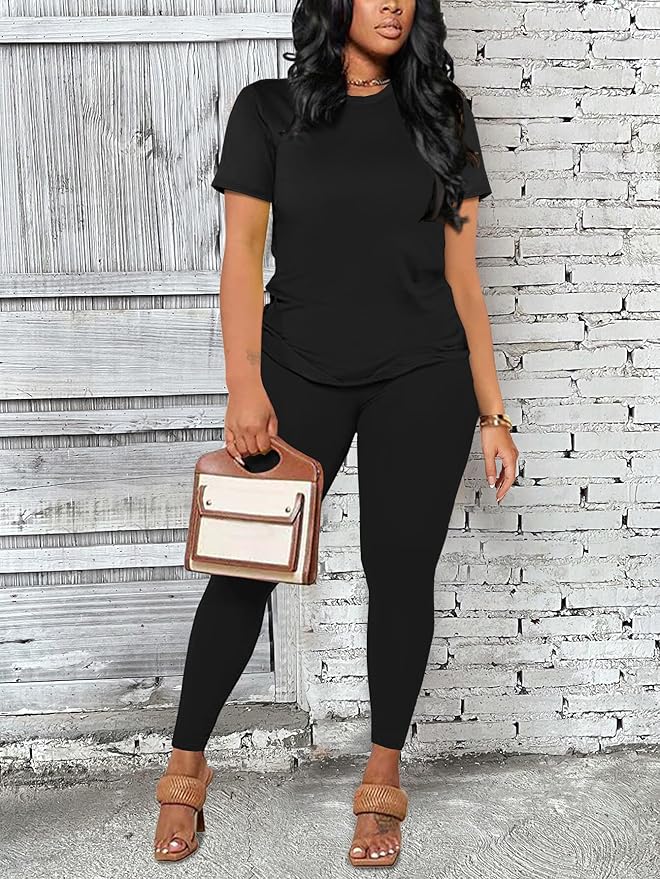 Women's 2 Piece Outfits Sweatsuit Summer Workout Striped Short Sleeve Long Sweatpants Casual Jogging Lounge Set