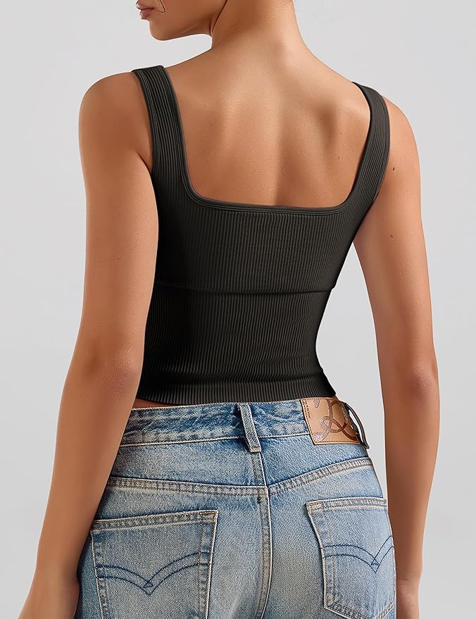 OLCHEE Womens 3 Pack Crop Tank Tops Basic Seamless Ribbed Sleeveless Square Neck Workout Top Summer Exercise Yoga Gym Shirts