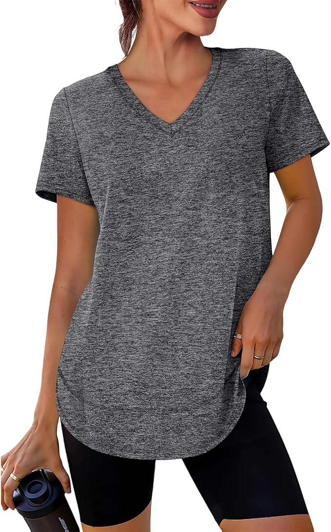 XIEERDUO Womens Workout Tops Short Sleeve Shirts Quick Dry Outfits for Hiking Running V Neck S-3XL