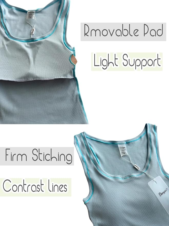 Danysu Women Rib Tank Top Padded Workout Top Square Neck Crop Tank Fitted Basic Cami Tops