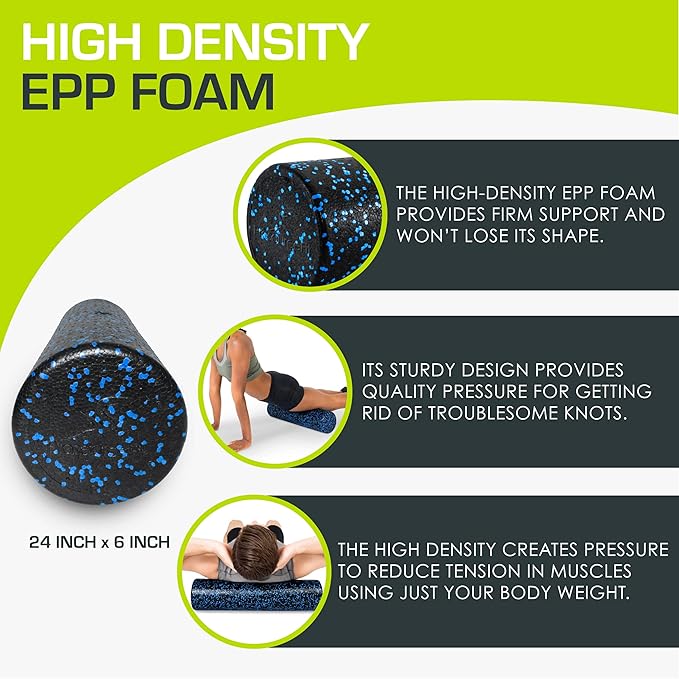 ProsourceFit High Density Foam Rollers 24 - inches long, Firm Full Body Athletic Massage Tool for Back Stretching, Yoga, Pilates, Post Workout Muscle Recuperation, Black/Blue