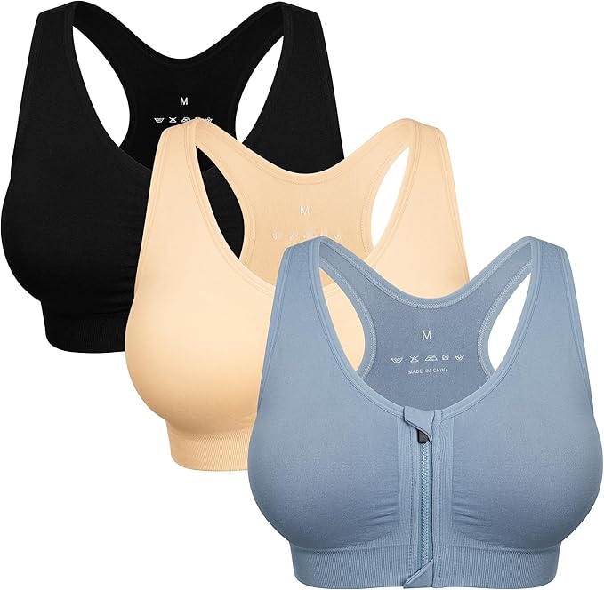 Women's Zip Front Sports Bra Wireless Post-Surgery Bra Active Yoga Sports Bras
