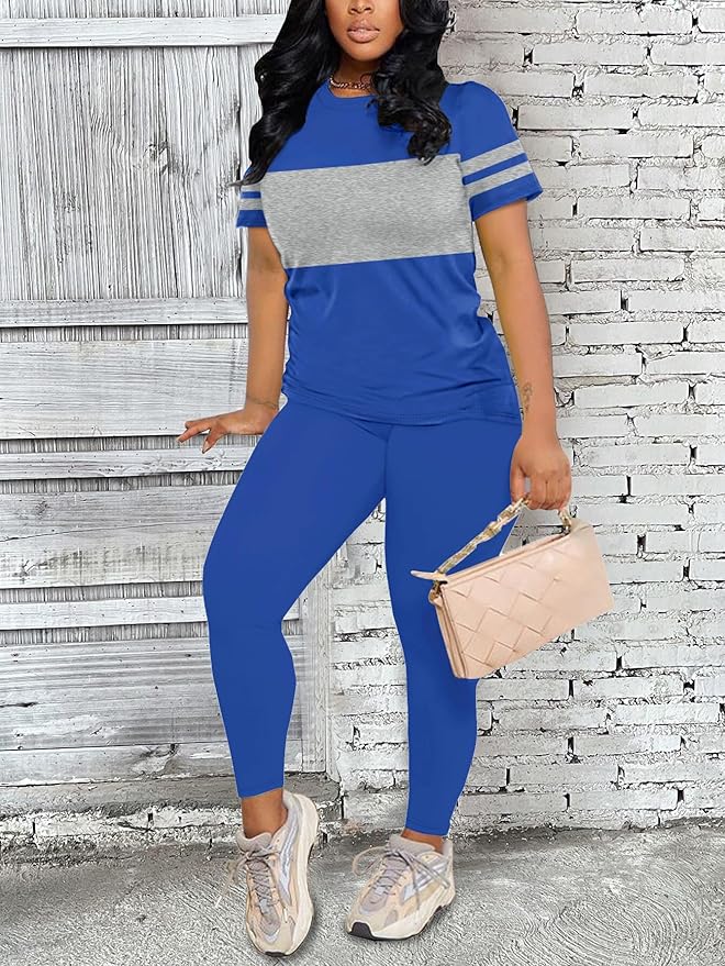 Two Piece Sets for Women Summer Short Sleeve Striped Crewneck Slim Fit Active Casual Sweatsuits