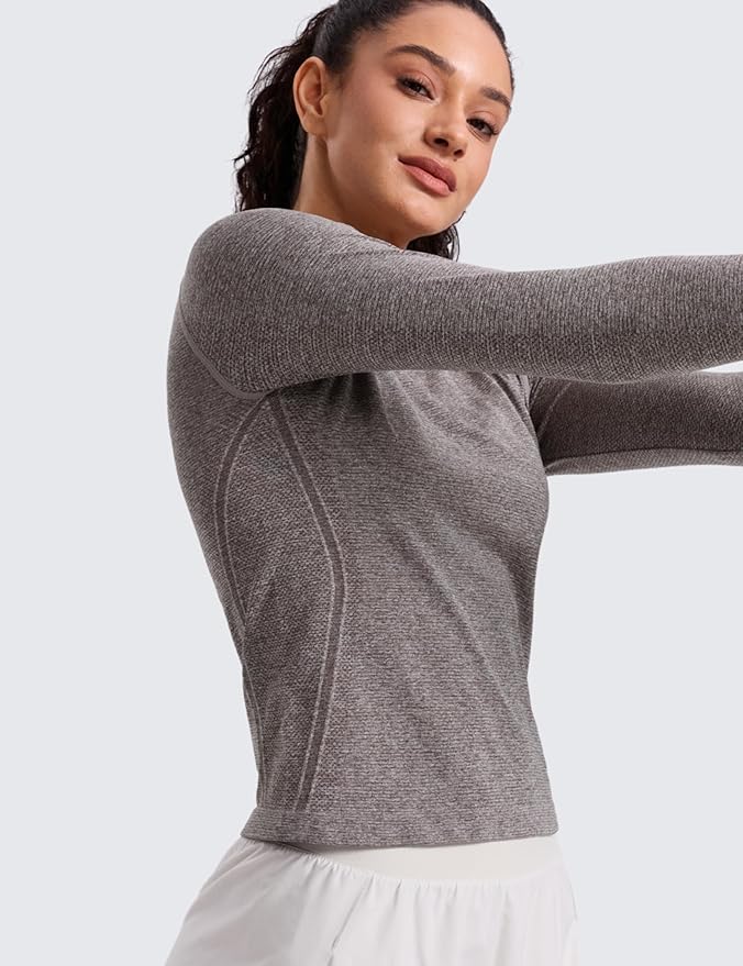 CRZ YOGA Seamless Long Sleeve Shirts for Women Waist Length - Workout Athletic Running Gym Yoga Tops Crewneck Breathable