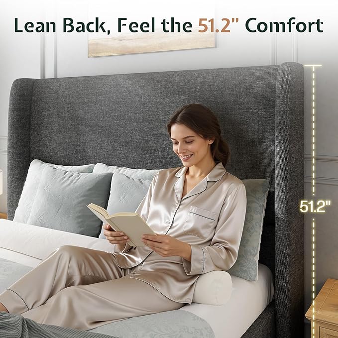 Jocisland King Size Bed Frame 51.2" Wingback Headboard Linen Upholstered Platform Bed with Solid Wood Legs & Wooden Slats, No Box Spring Needed, Modern Minimalist Style, Easy Assembly, Dark Gray