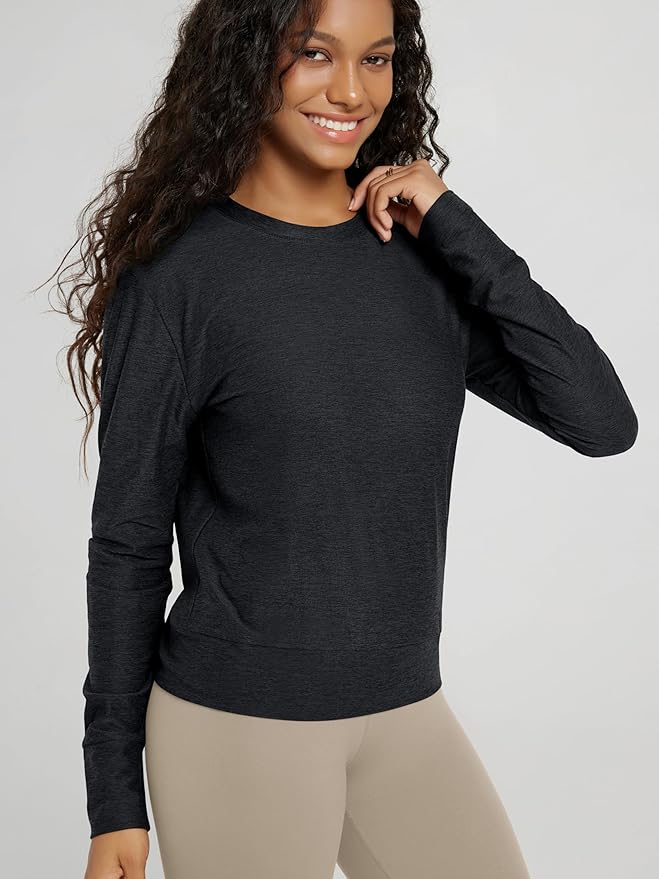 ODODOS Women's Long Sleeve Crewneck Tee - Ultra-Soft odSTRATUM Tech Performance T-Shirts UPF 50+ Daily Pullover Tops