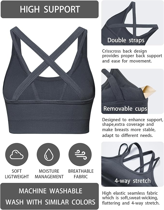 Sports Bras for Women HIigh Support, Criss-Cross Back Padded Strappy High Impact Sports Bras for Women Large Bust