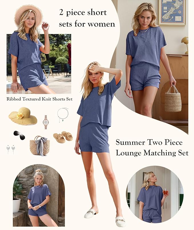 MARZXIN Women 2 Piece Shorts Set 2026 Casual Summer Cruise Outfits Ribbed Loose Short Sleeve Pocket Matching Lounge Sets