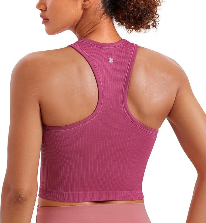 CRZ YOGA Seamless Ribbed High Neck Crop Tank Tops for Women - Longline Racerback Padded Sports Bras