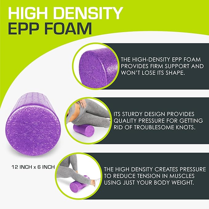 ProsourceFit High Density Foam Rollers 12 - inches long, Firm Full Body Athletic Massager for Back Stretching, Yoga, Pilates, Post Workout Trigger Point Release, Purple