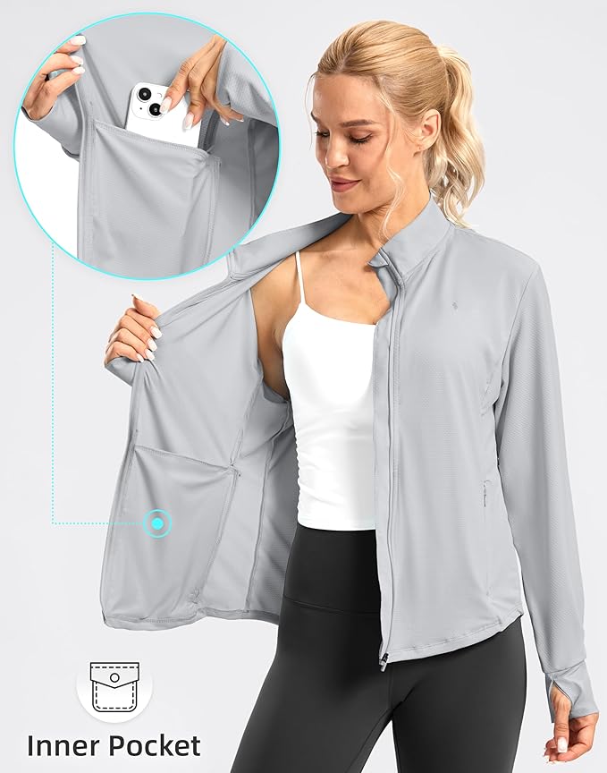 Soothfeel Women's UPF 50+ Lightweight Athletic Jackets Sun Protection Zip Up Long Sleeve Shirts Hiking Workout Outdoor Pocket