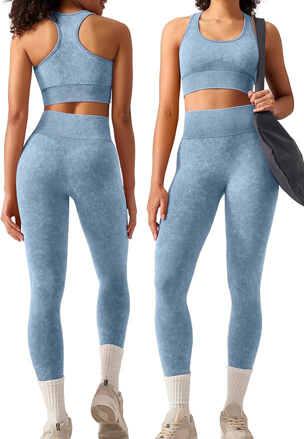 OLCHEE Womens Workout Sets 2 Piece - Acid Wash Seamless Yoga Outfits High Waist Leggings Padded Racerback Sports Bra Gym Set