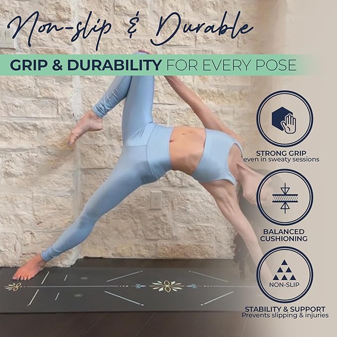 Y O Gayo Eco Balance Yoga Mat with Carry Strap – Superior Grip, Non-Slip, Durable & Lightweight, Sustainable Natural Rubber Mat with Alignment Lines