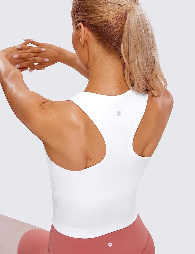 CRZ YOGA Seamless Ribbed High Neck Crop Tank Tops for Women - Longline Racerback Padded Sports Bras