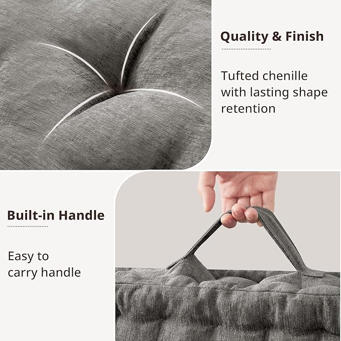 Intelligent Design Large Floor Pillow for Adults Yoga or Meditation Cushion with Handle, Floor Cushion for Board Games, Lustrous Chenille Tufted, Handsewn Scalloped Edge, Azza, 24" x 24" x 5" Charcoal